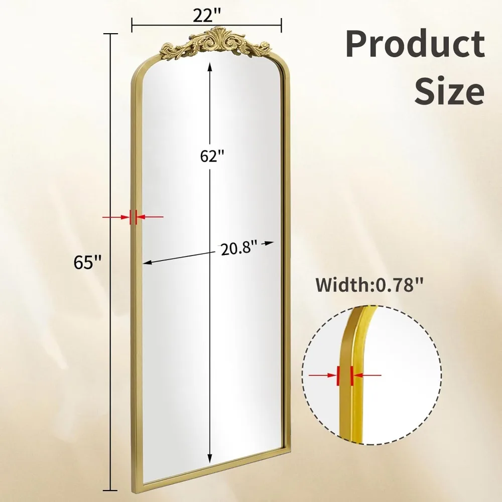 Vintage Gold Arched Floor Mirror, 22x65 Antique Elegant Full Length Traditional Ornate Metal Frame Body Mirror