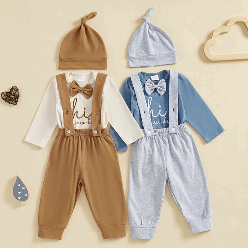 

2024-07-17 Lioraitiin Baby Boy Set Bow Tie Long Sleeve Letter Embroidered Romper Long Overall Pants Gentleman Outfits