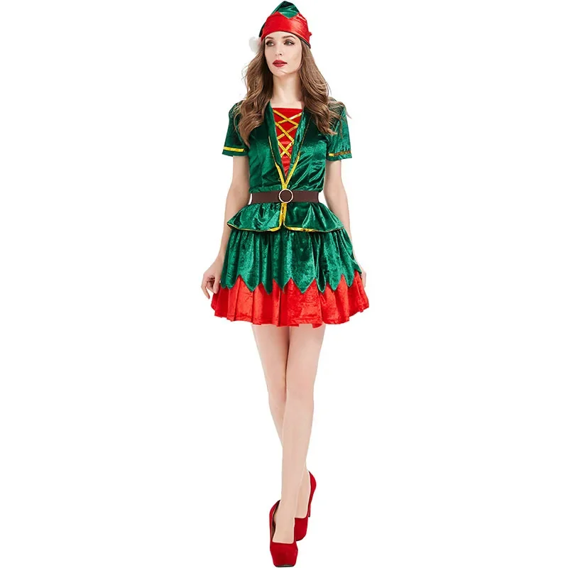 Costume d'elfe vert de Noël pour femme, robe de paupières de clown d'arbre de Noël, père Noël