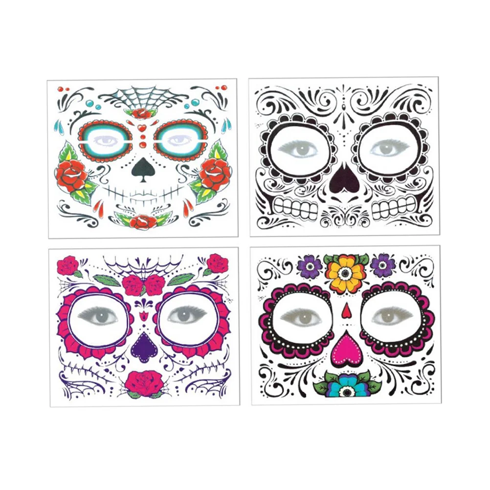 

4 PCS Temporary Face Tattoos for Women Floral Skull Waterproof Sticker Halloween Stickers