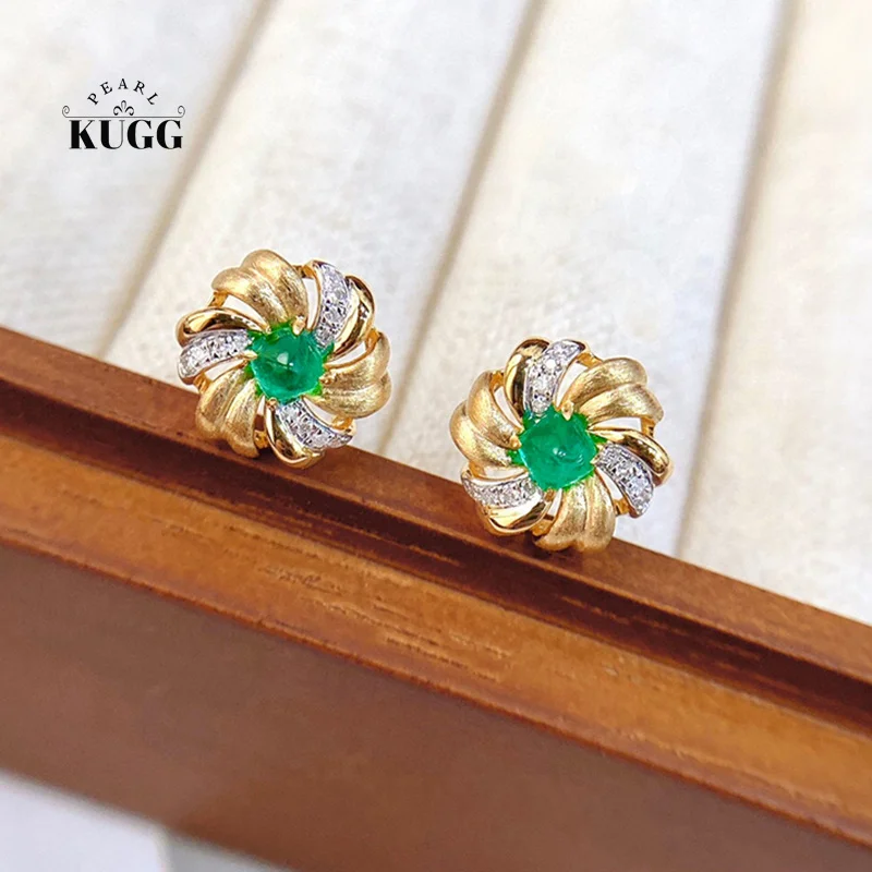 

KUGG 100% 18K Yellow Gold Earrings Elegant Folwer Shape Shiny Diamond Natural Emerald Earrings for Women High Birthday Gift