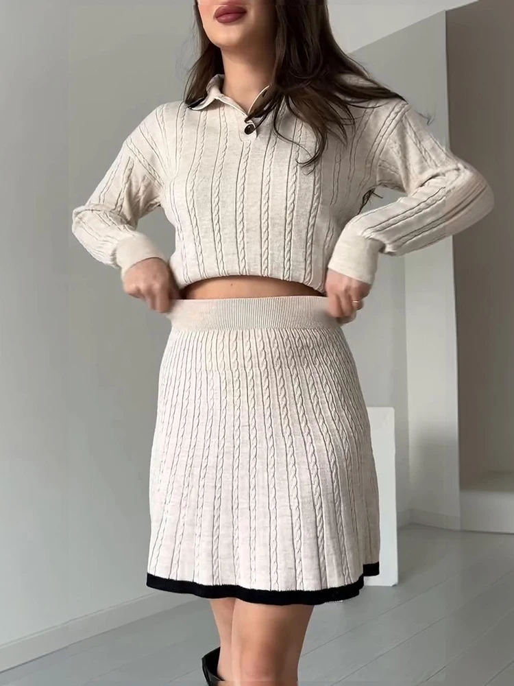 Fashion Casual Knitwear Two Pieces Set Women Chic Lapel Long Sleeve Pullover Sweater+High Waist Mini Bust Skirt Knit Lady Outfit