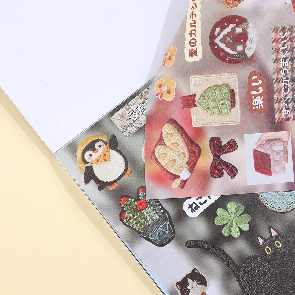 30 Sheets Embroidery Style Stickers Book With Kawaii Food Animal Embossed Design for Scrapbooking Journaling DIY Crafts