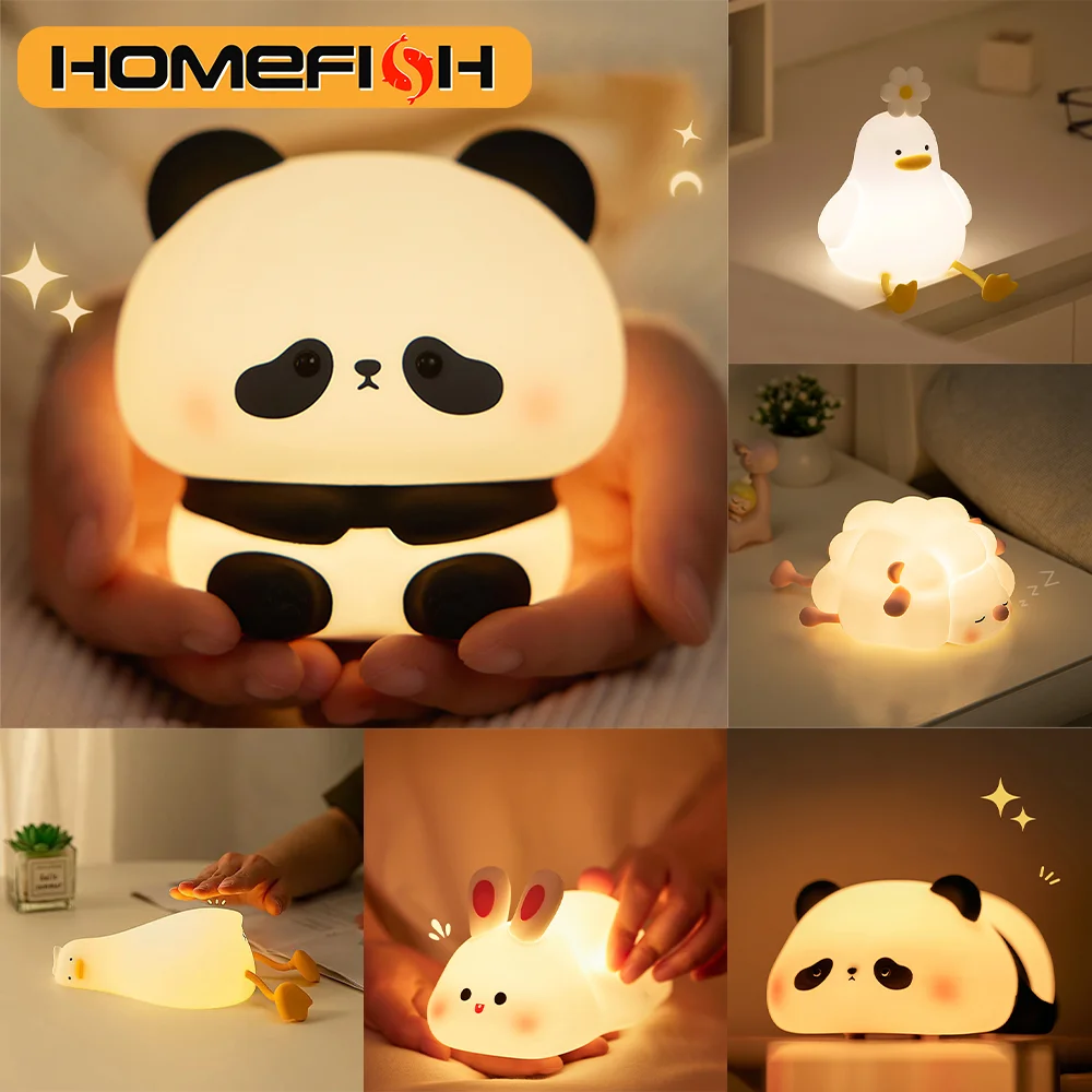 Luz noturna em formato de animal, led, panda, coelho, carregamento usb, decoração de cabeceira cronometrada, proteção para os olhos das crianças