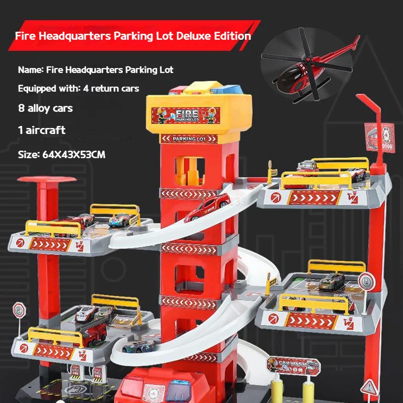 2023 New Children\'s Electric Track Parking Lot Boydiyassembling Multi-layer Rail Car Police Car Fire Truck Parking Toy