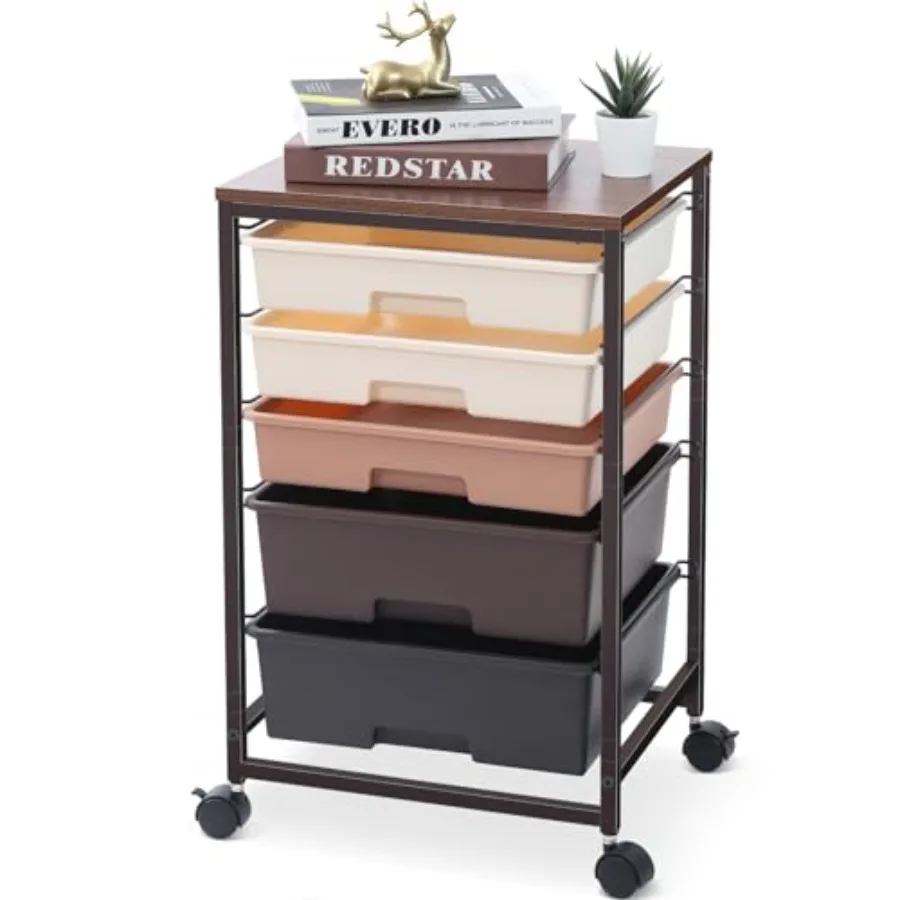 

Utility Cart with 5 DrawersStorage Drawer Cart with Wooden Tabletop and Lockable Wheels Craft Storage Trolley Cart 5-Tier Rolli