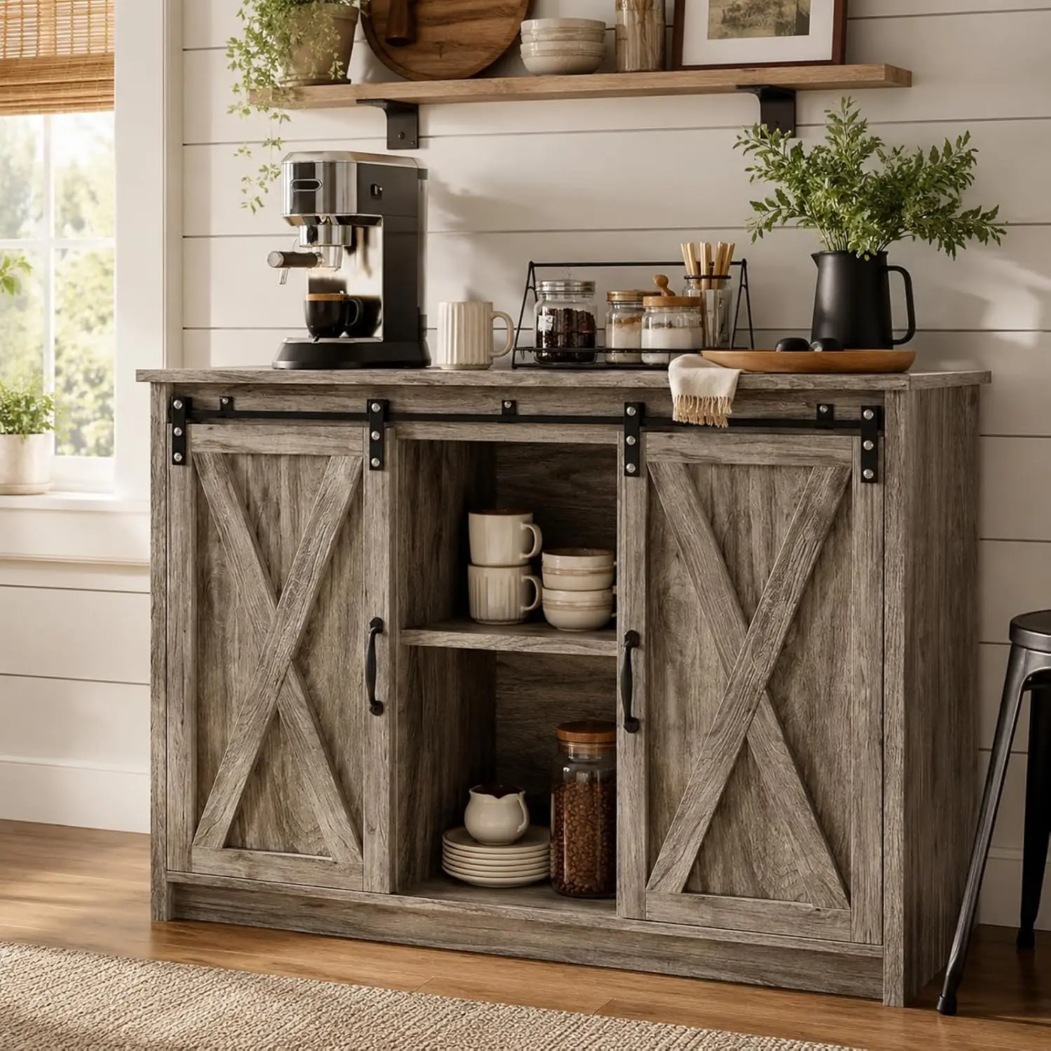 42 Inch Farmhouse Coffee Bar Cabinet Storage Shelf Wash Grey, Customized