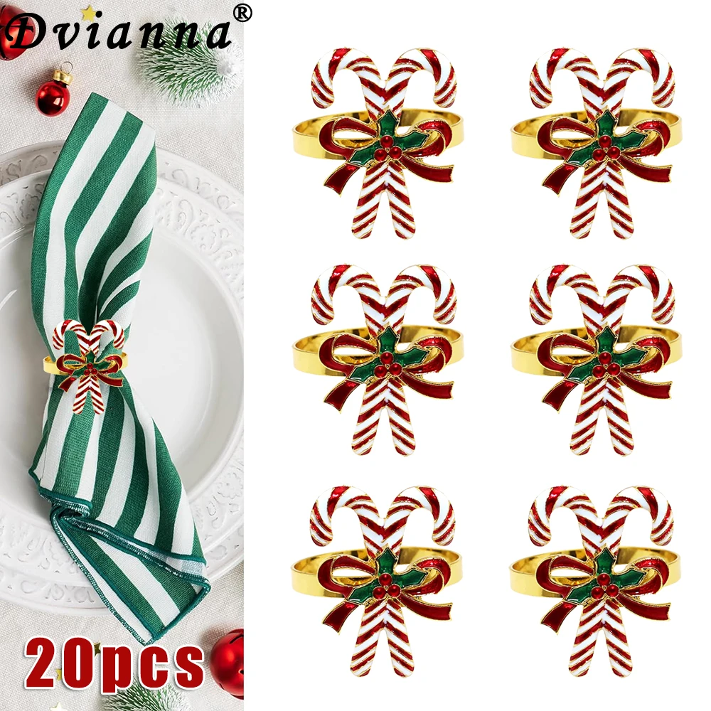 20Pcs Candy Cane Napkin Rings Bows Crutch Candy Canes Napkin Holder Ring for Xmas Wedding Party Favors Holiday Table Decoration