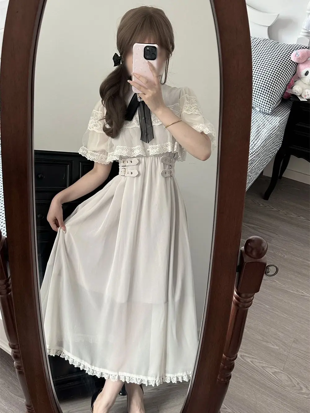 

Japanese Sweet Lace Bow Dress Women 2025 Summer Elegant Slim Midi Dress Kawaii Princess Style Flowy Party Dress High Quality