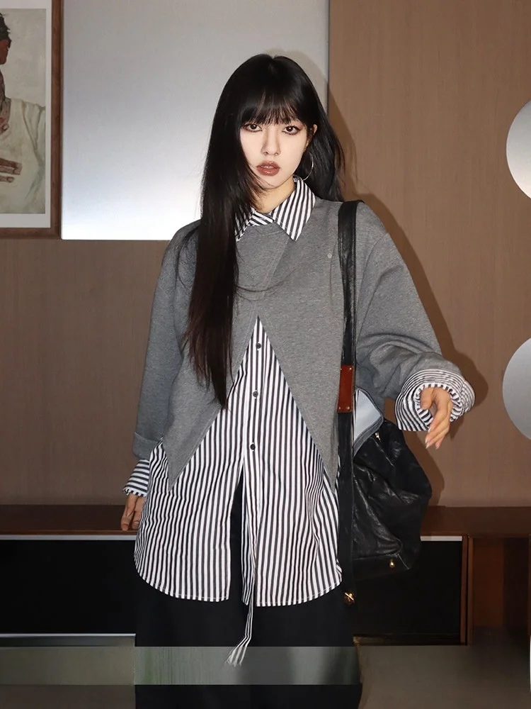 

Women's Striped irt Jaet Set Long Sve Casual Spring Autumn Two-Piece Cotton Commute Sle Loose Fit Faionable