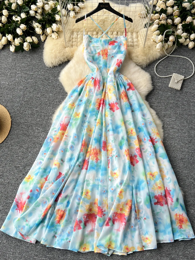 Sexy Beach Long Dress Women Elegant Hollow Out Backless Floral Printed Elgeant Dresses Ladies Summer Slim A-line Party Robe