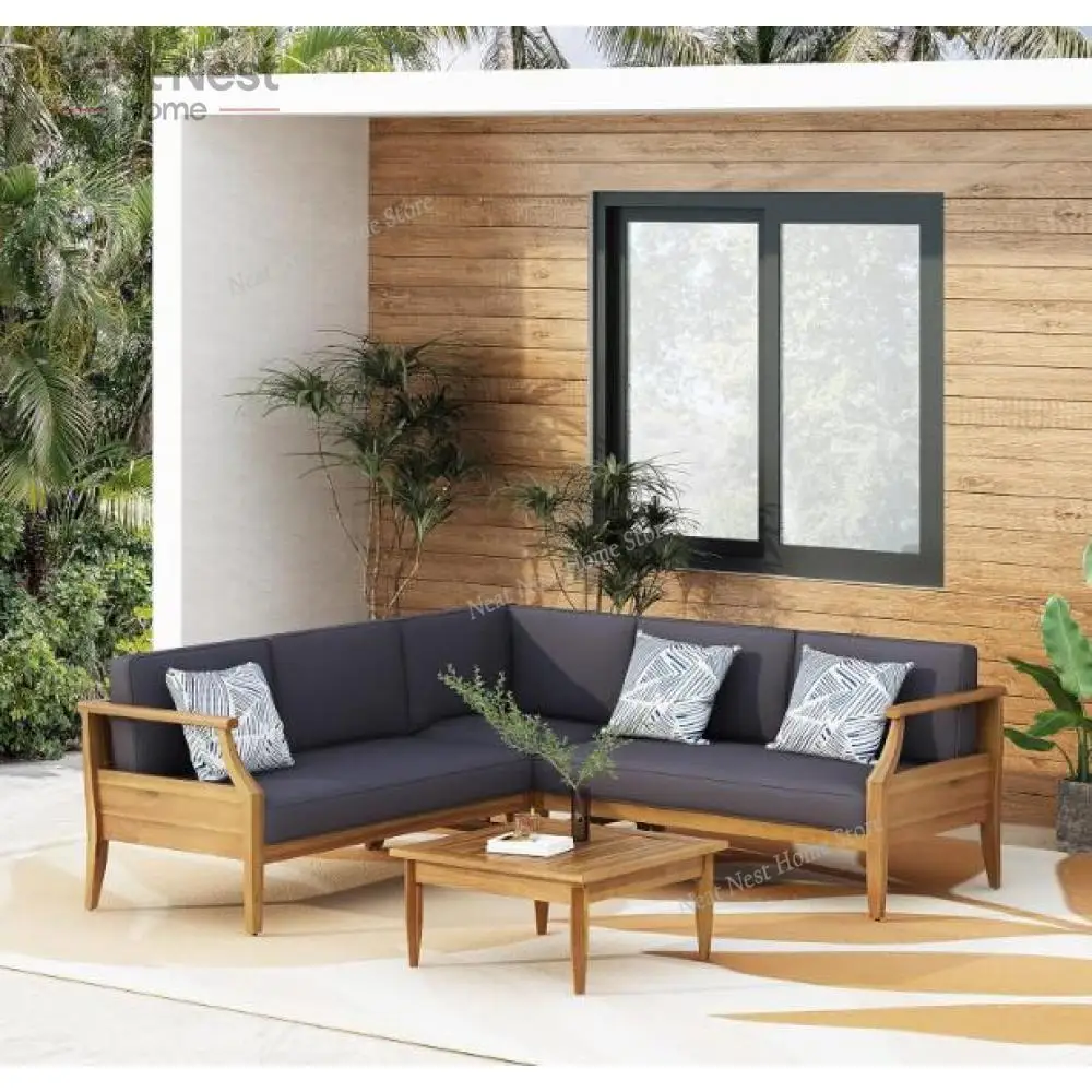 

L Shape Outdoor Furniture Set, 3 Piece Acacia Wood Patio Conversation Set, with 2 loveseats and Coffee Table, Garden Backyard