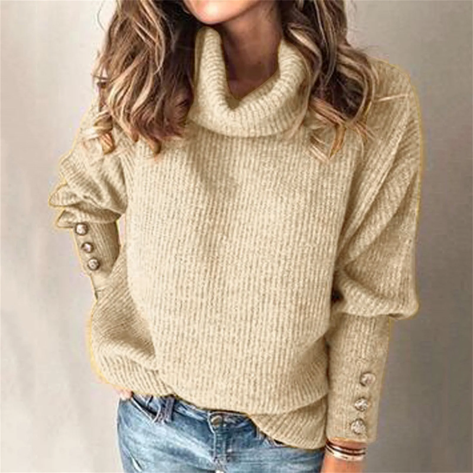 

Casual Turtleneck Pullover Sweater Women's Loose Long Sleeve Knitted Sweaters With Button Oversized Solid Color Jumper Sueter