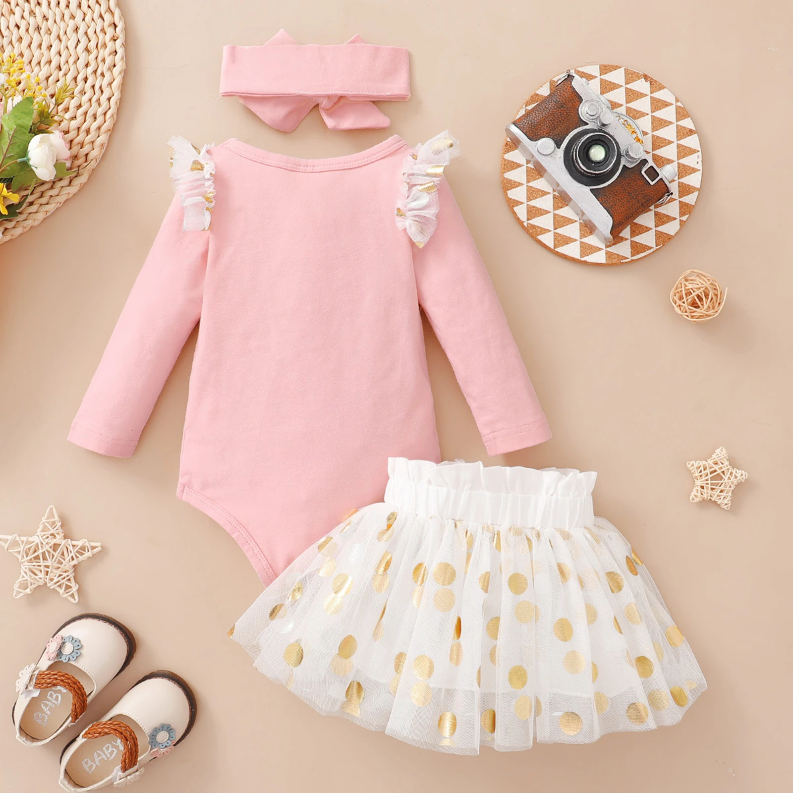 0-24M 幼児ベビー女の子服セット長袖フリルロンパースとドットチュールスカートとヘッドバンド 3 ピース衣装
