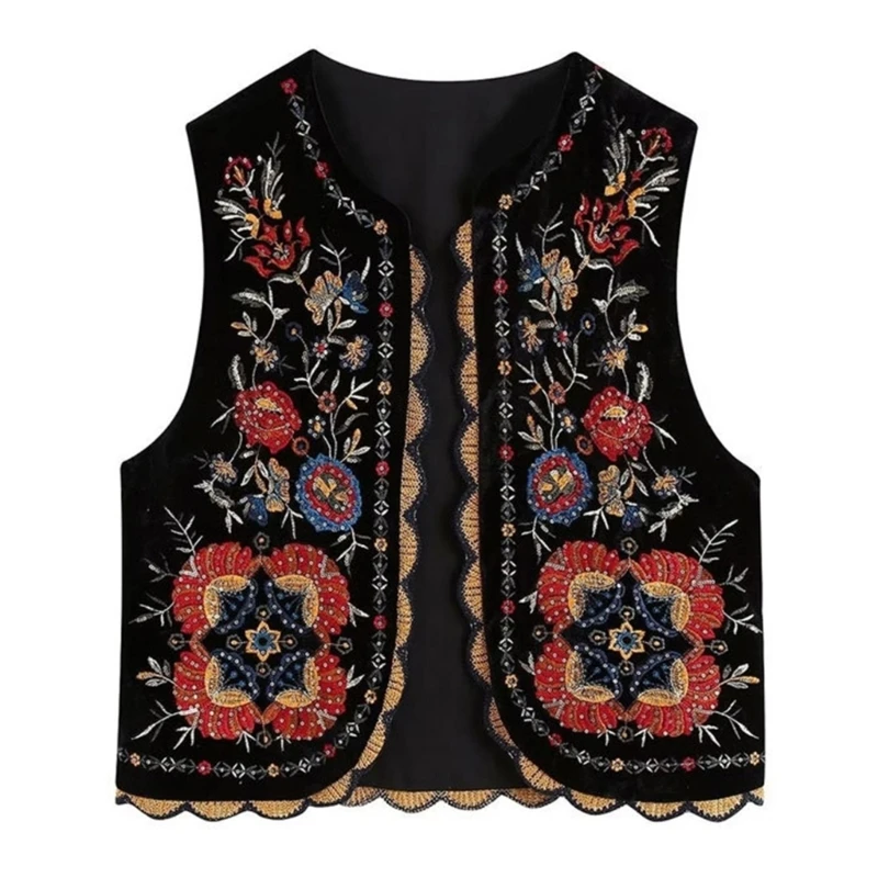 Beach Bohemian Velvet Vest Sequin Accents Floral Embroidered Cropped Sleeveless Cardigan for Daily Wear Travel Festival Outfit