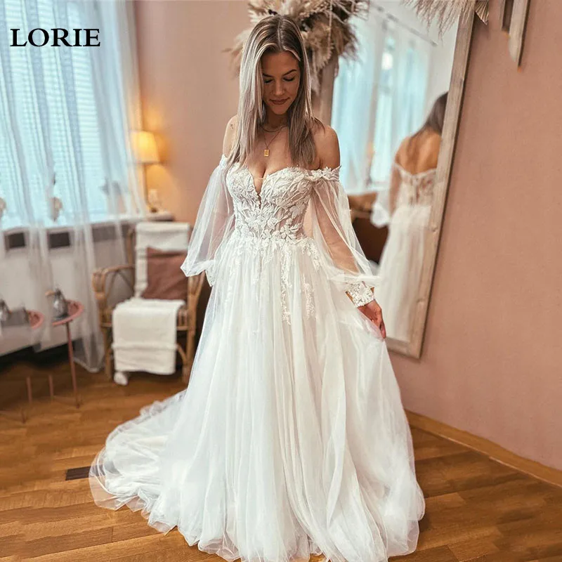 

LORIE Ivory Lace Wedding Dress A Line Off The Shoulder Lace Bridal Dresses Puff Sleeve Tulle Wedding Gowns 2024