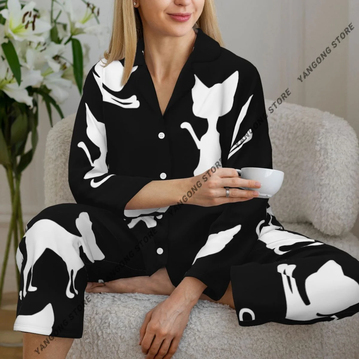 

Женские пижамы с рисунком белых кошек, одежда для дома, одежда для сна из двух предметов, длинный пижамный комплект на пуговицах с длинными рукавами