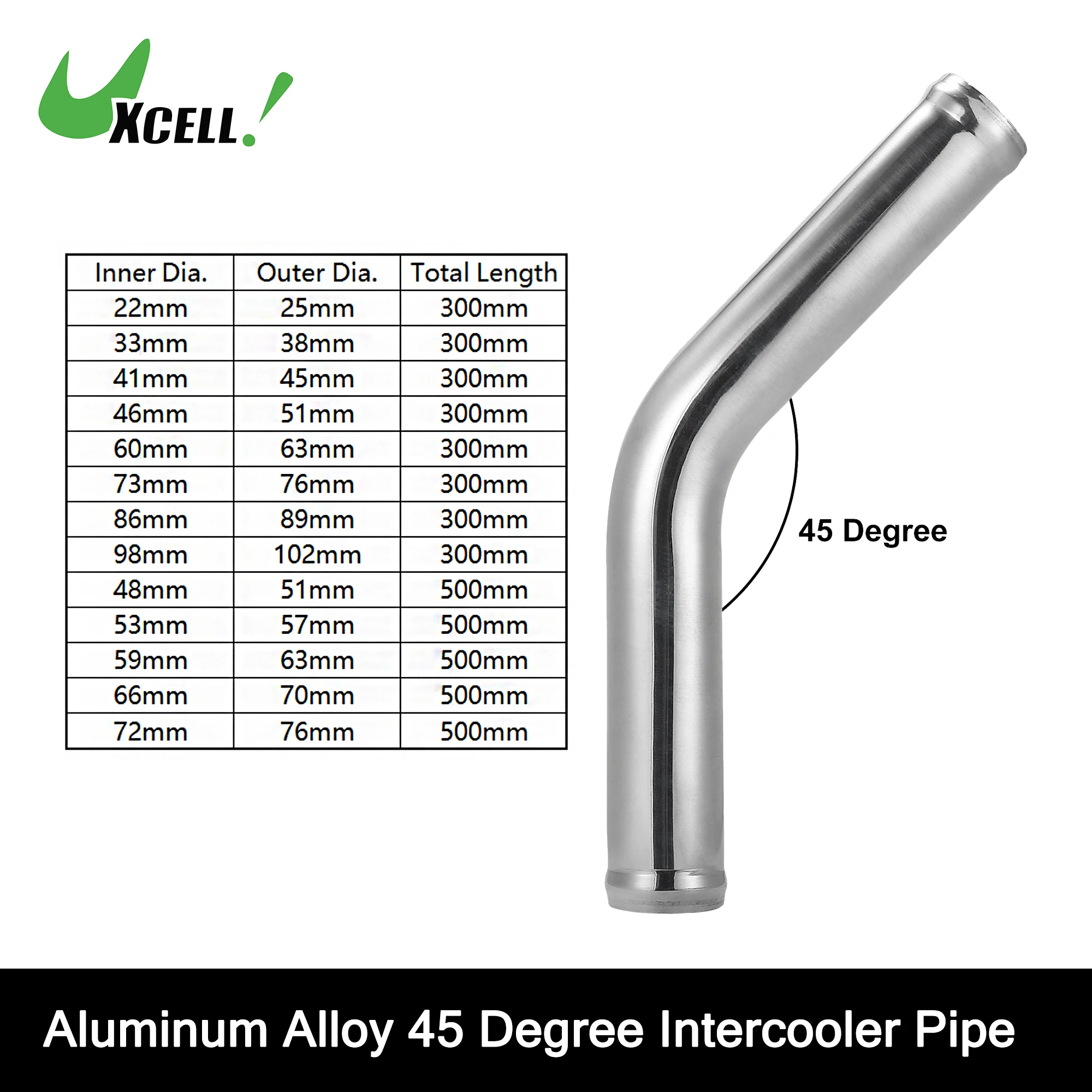 UXCELL 45 stopni rura intercooler 63mm 70mm 76mm OD 300mm 500mm długa rura ze stopu aluminium rura intercooler rura wlotu powietrza