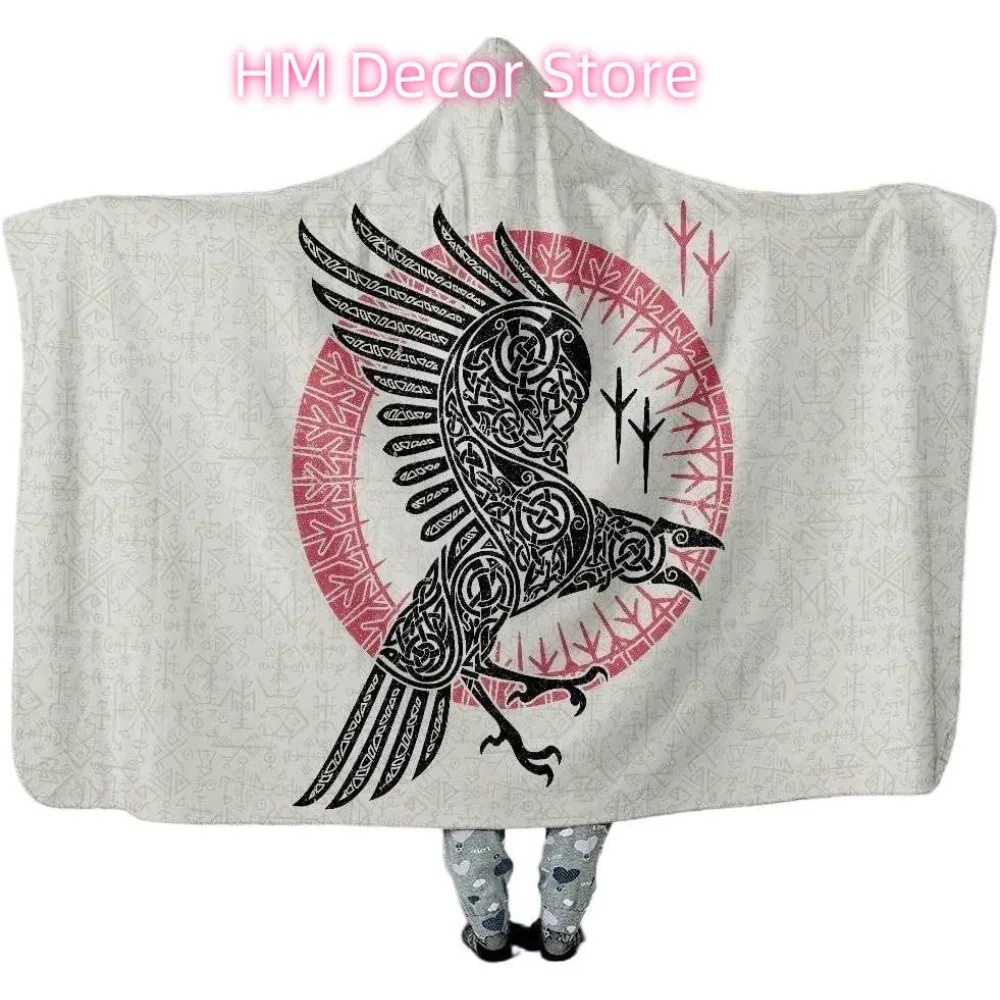 White Viking Hooded Blanket Nordic Odin's Raven Pattern Throw Blanket Cape Warm Wearable Blanket 3D Print Hooded Cloak(80x60in/1
