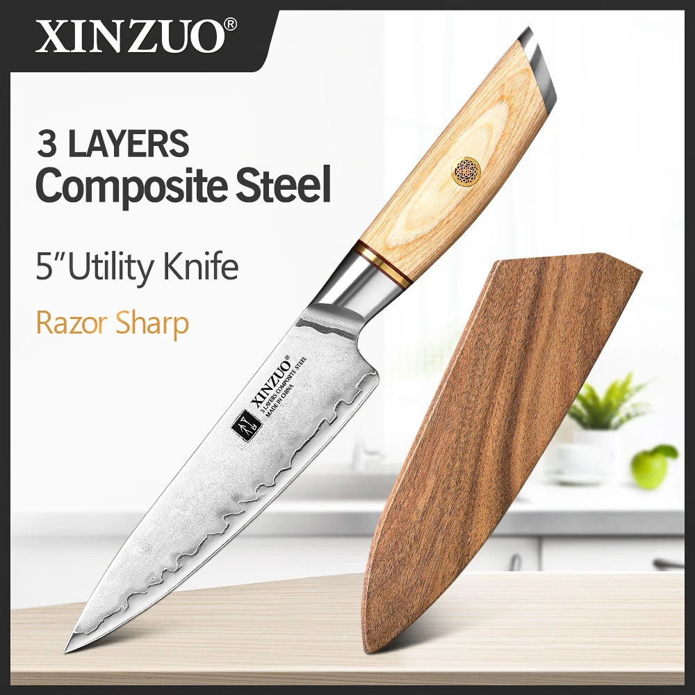 XINZUO 5 ''cal wielofunkcyjny nóż introligatorski dostosowane 3 warstwy platerowane stali 10Cr15CoMoV rdzeń stalowy kuchenne ze stali oryginalny Design