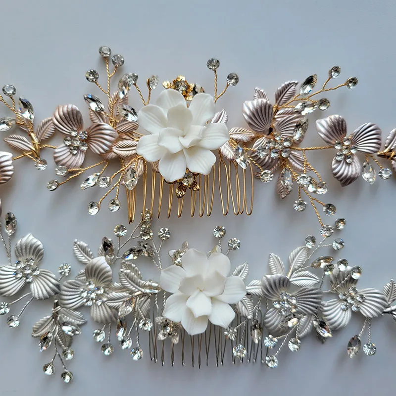 SLBRIDAL Handmade Ins Style Ceramic Flower Leaf Rhinestones Pearl Bridal Hair Comb Wedding Headband Hair Accessory Women Jewelry