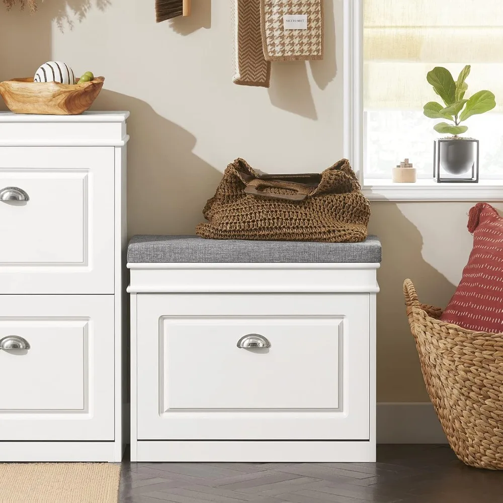 

White Hallway Shoe Bench, Narrow Shoe Rack Entryway, Small Shoe Cabinet with 1 Flip-Drawer and Seat Cushion