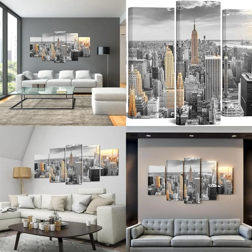 

New York City Skyline Art - 5 Piece Large Wall Canvas, Modern Sunrise Cityscape for Living Room or Office, Framed & Ready to Han