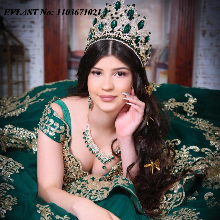 EVLAST Glitter verde Quinnceanera abito da ballo oro pizzo Applique perline corsetto a strati dolce 16 Vestidos De 15 Anos SQ500