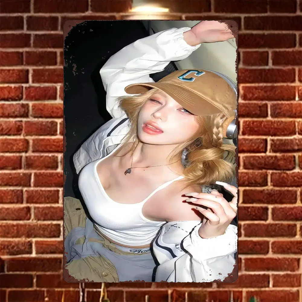 HD Tin Sign Vintage Asian Girl in Brown Baseball Cap & White Crop Top with Headphones Metal Wall Art Retro Decor for Home Bar