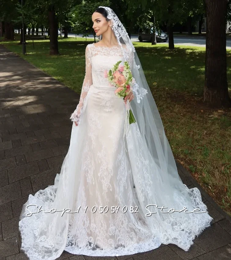 Vintage European Mermaid Wedding Dress White Long Sleeve Illusion Neck Full Lace Bridal Gown Customized robe de mariée
