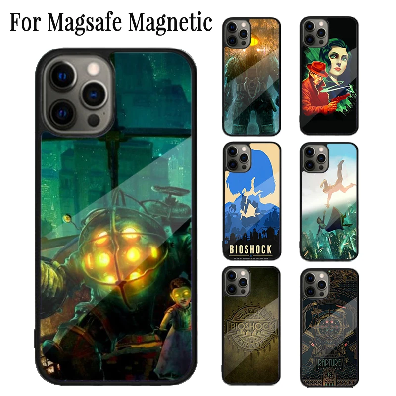 Capa Magnética BioShock, Capa de Carregamento Sem Fio Magsafe, Coque de Jogo para iPhone 16, 15, 14 Plus, 13, 12, 11 Pro Max