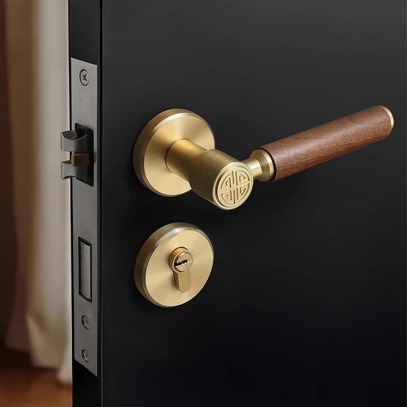 a complete set New Chinese Retro Home Interior Bedroom Bathroom Door Lock Silent Walnut Wood Door Handle Lock lock cylinder