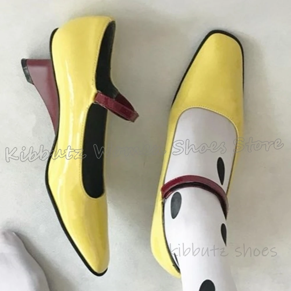 

Strange Heels Pumps Belt Buckle Square Toe Mixed Color Leather Fashion Luxury Elegant Concise Sexy Women Party Wedding Shoes New