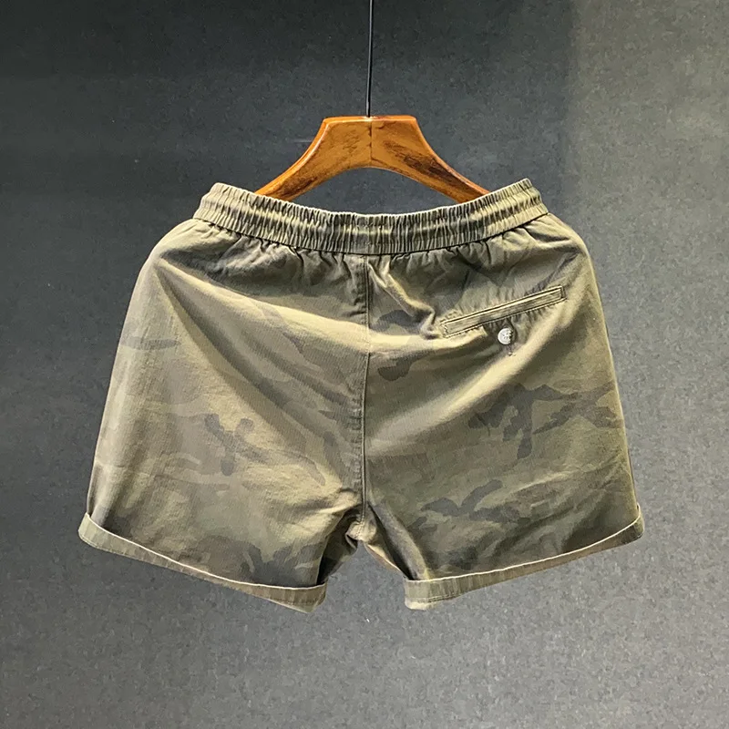 Calção casual de camuflagem masculina, cintura elástica, comprimento médio, solta, 3/4, calça de praia esportiva da moda, verão