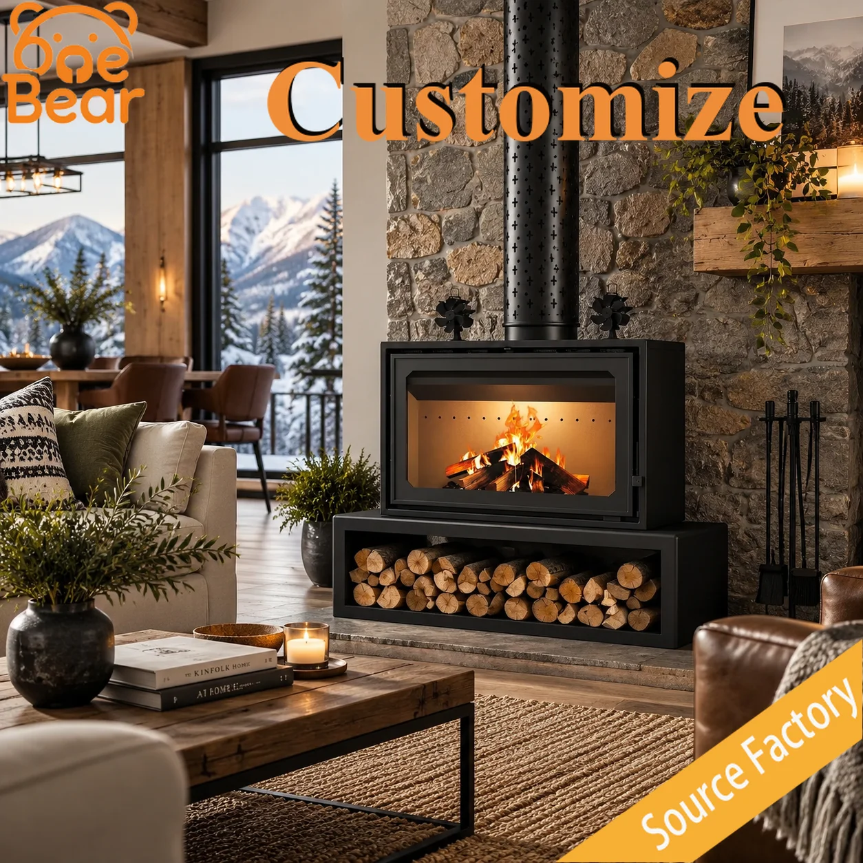 Customizable Real Fire Wood Burning Fireplace Multi-Side Viewing Indoor Heating For Scandinavian House Lounge Winter House Decor