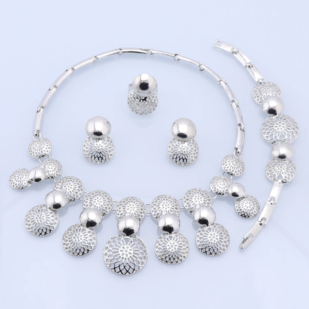 Fine Jewelry Sets Silver Color Hollow Out Alloy Necklace Earrings Bracelet Ring Set Classic African Costume Bridal Jewelry Set