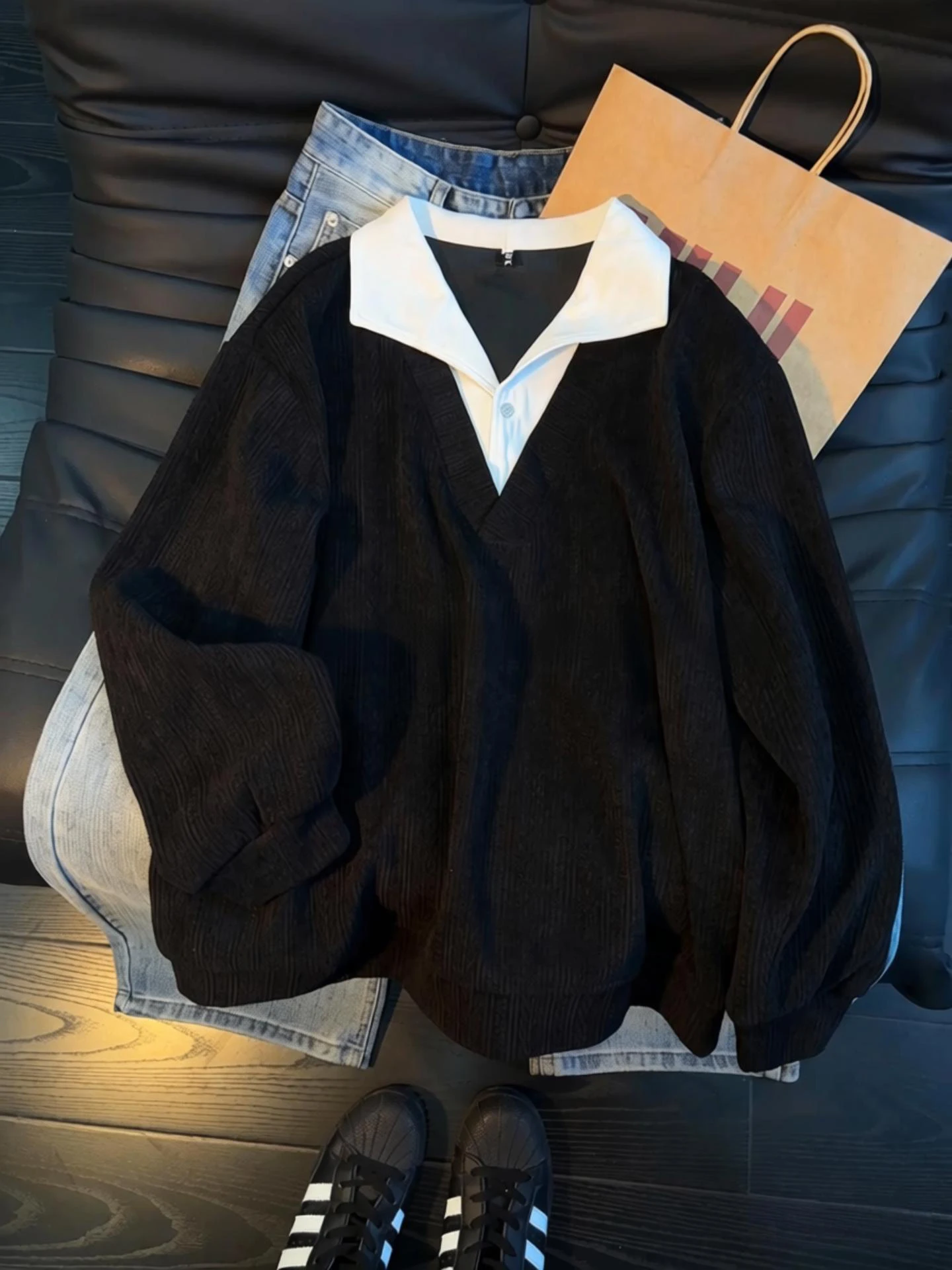 

Мужская толстовка с длинным рукавом в стиле пэчворк, белая, с узором в виде пшеничных колосьев, имитация двухслойности, американский дизайн, базовая модель для весны