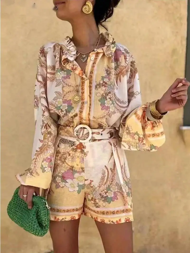 

Повседневные топы с принтом, шорты, комплекты женских свободных воротников-стойких рукавов, топ с высокой талией, короткие брюки, летний женский отпускной костюм M9IE