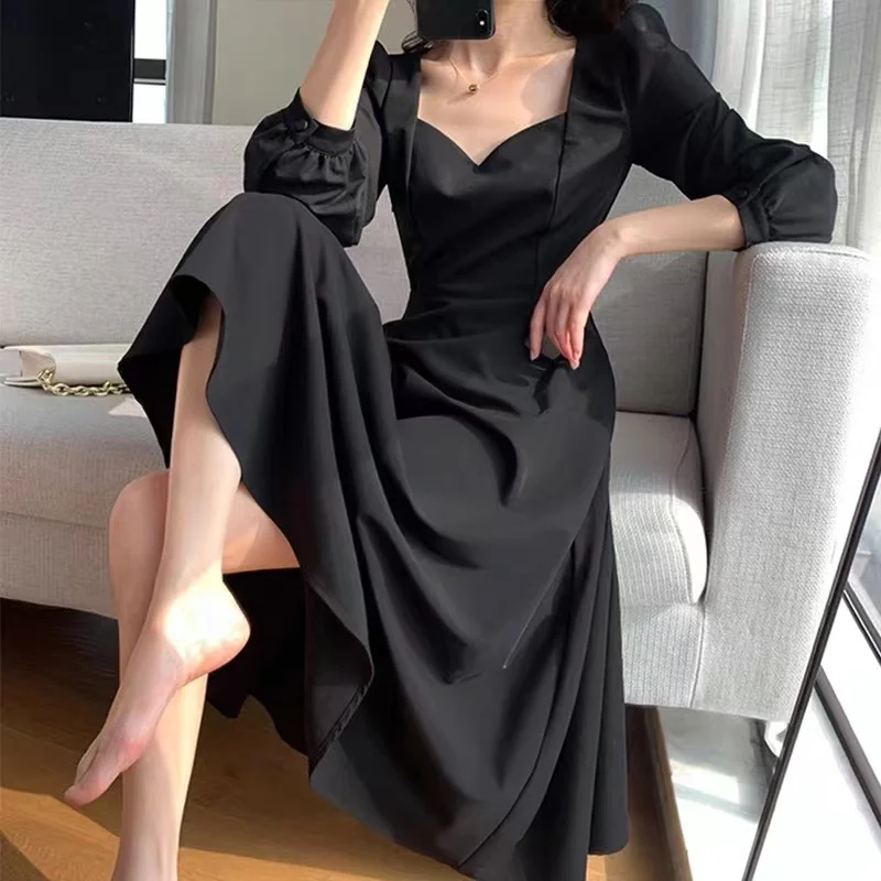 Black Dress Women\'s Autumn New Black Long Sleeve Dress Hepburn Style V-neck Ankle-length Retro Korean Style Long Black Dress