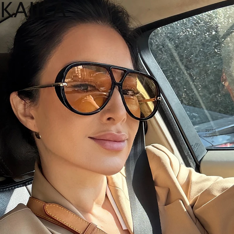 여성용 오버사이즈 파일럿 타원형 펑크 선글라스, 큰 프레임 2025, 럭셔리 빈티지 더블 ... - 2