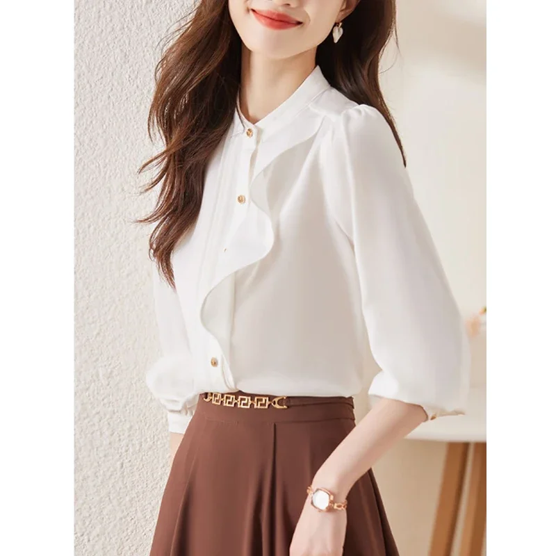 Women Ruffle Elegant Chic Button Up Shirt Fashion Stand Collar Office Lady Business Casual Blouse Solid Long Sleeve Tops Blusas