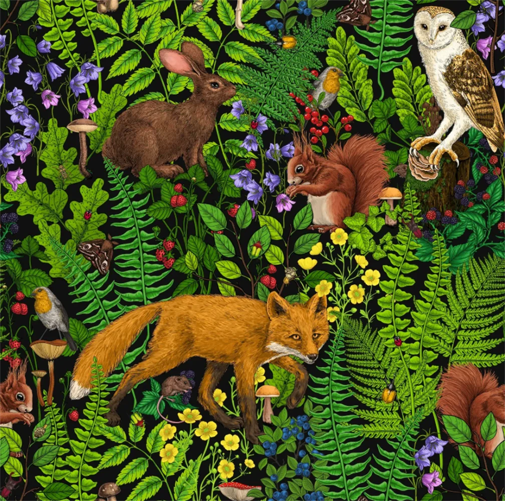 Vintage hand-painted animal background wall black background fox fern berry children's room restaurant wallpaper mural