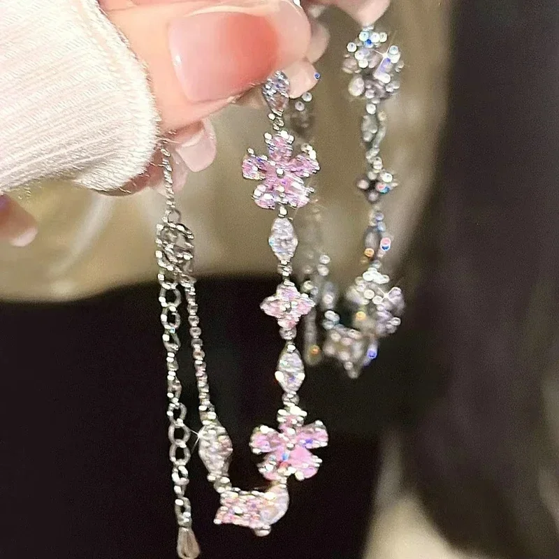 Elegant Fairy Pink Crystal Zircon Sakura Flowers Bracelet for Women Y2K Sweet Girls Cherry Blossom Moon Bow Knot Jewelry Gifts