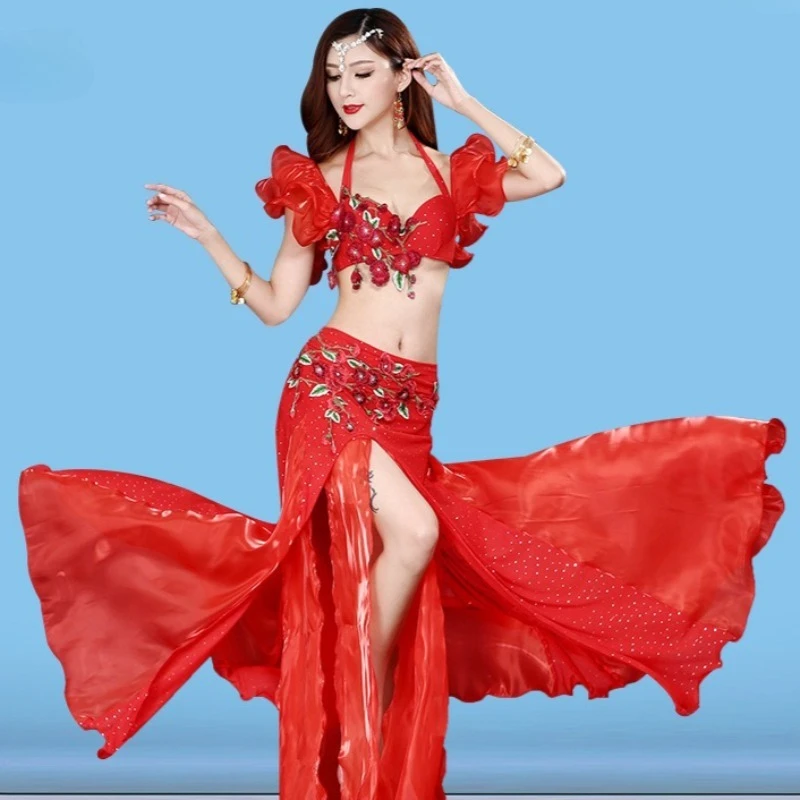 costume da ballo indiano personalizzato reggiseno di danza del ventre con perline ricamate set di costumi per spettacoli teatrali per gonna con cintura reggiseno per donne adulte
