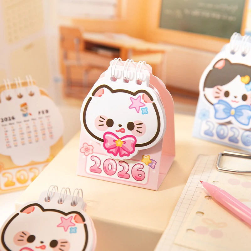 Mini Portable 2026 Desk Calendar Cat Shape Coil Calendar Book Cute Daily Planner Organizer Time Management Back To School