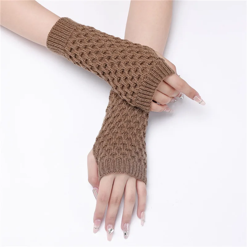 Autumn Winter Rhomboid Knitted Half Finger Arm Cover Arm Sleeves Warmers Women Windproof Cycling Wrist Gloves Decorative Sleeves