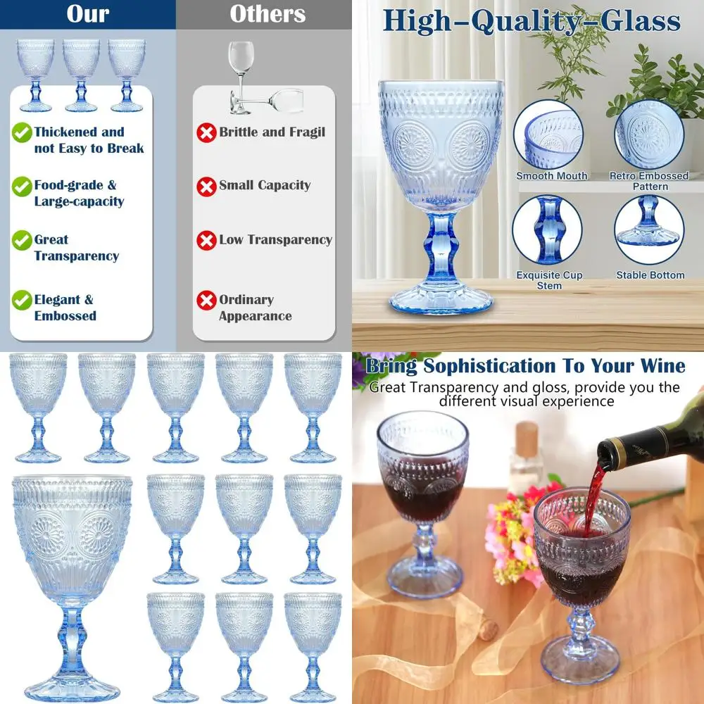 

Set of 12, 10 oz Vintage Blue Embossed Wine Glasses, Elegant Stemware for Weddings and Parties
