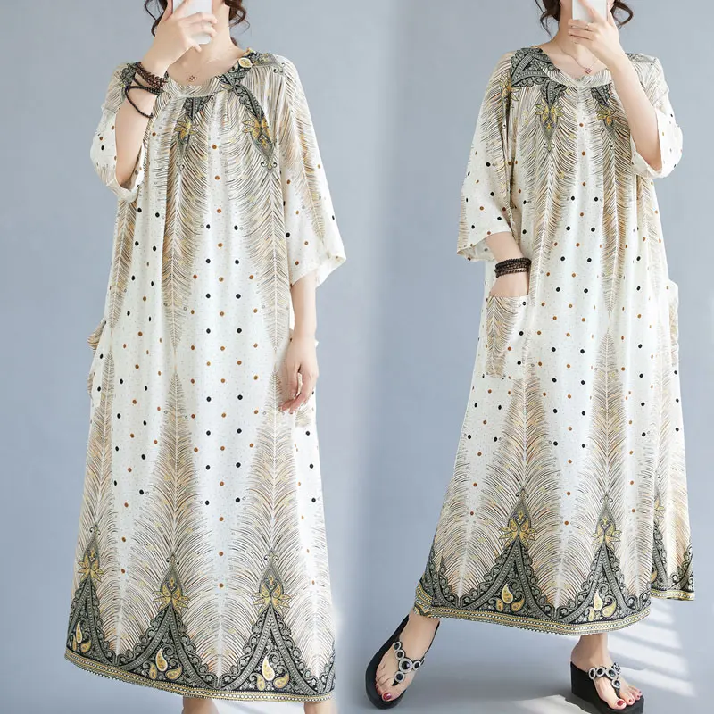 

Slimming Effect Large Size Cotton round Ne Loose Floral Print Dr for Women Commute Sle High Waist Long Dr