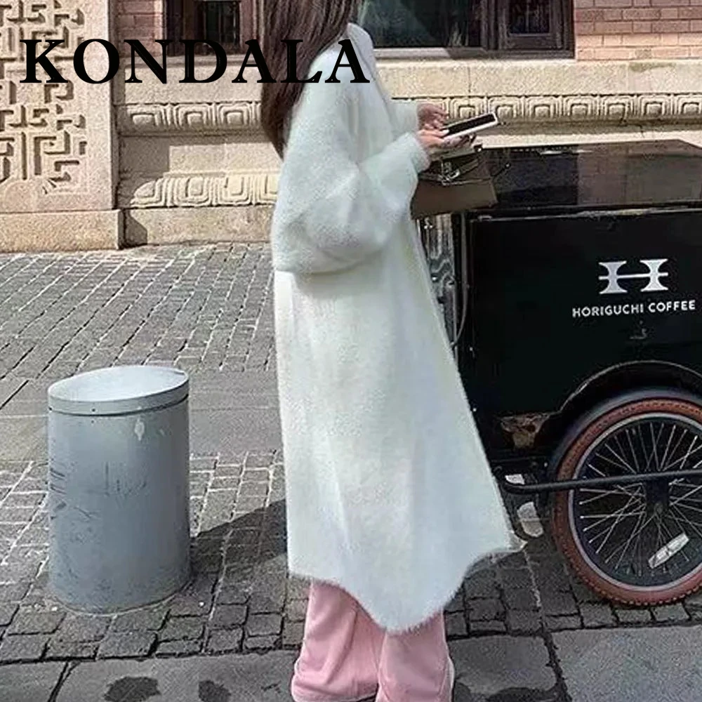 KONDALA Chic Casual Elegant 2025 Mohair Vintage Women Sweater V-Neck Loose Open Stitch Streetwear Chic Loose Long Mujer Knitwear