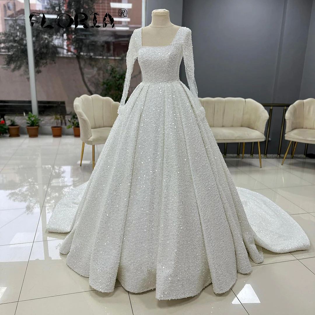 Vestidos De Novia De princesa Línea A blancos, Vestidos De Novia De manga larga con cuello cuadrado, vestido De fiesta De noche personalizado con lentejuelas 2025